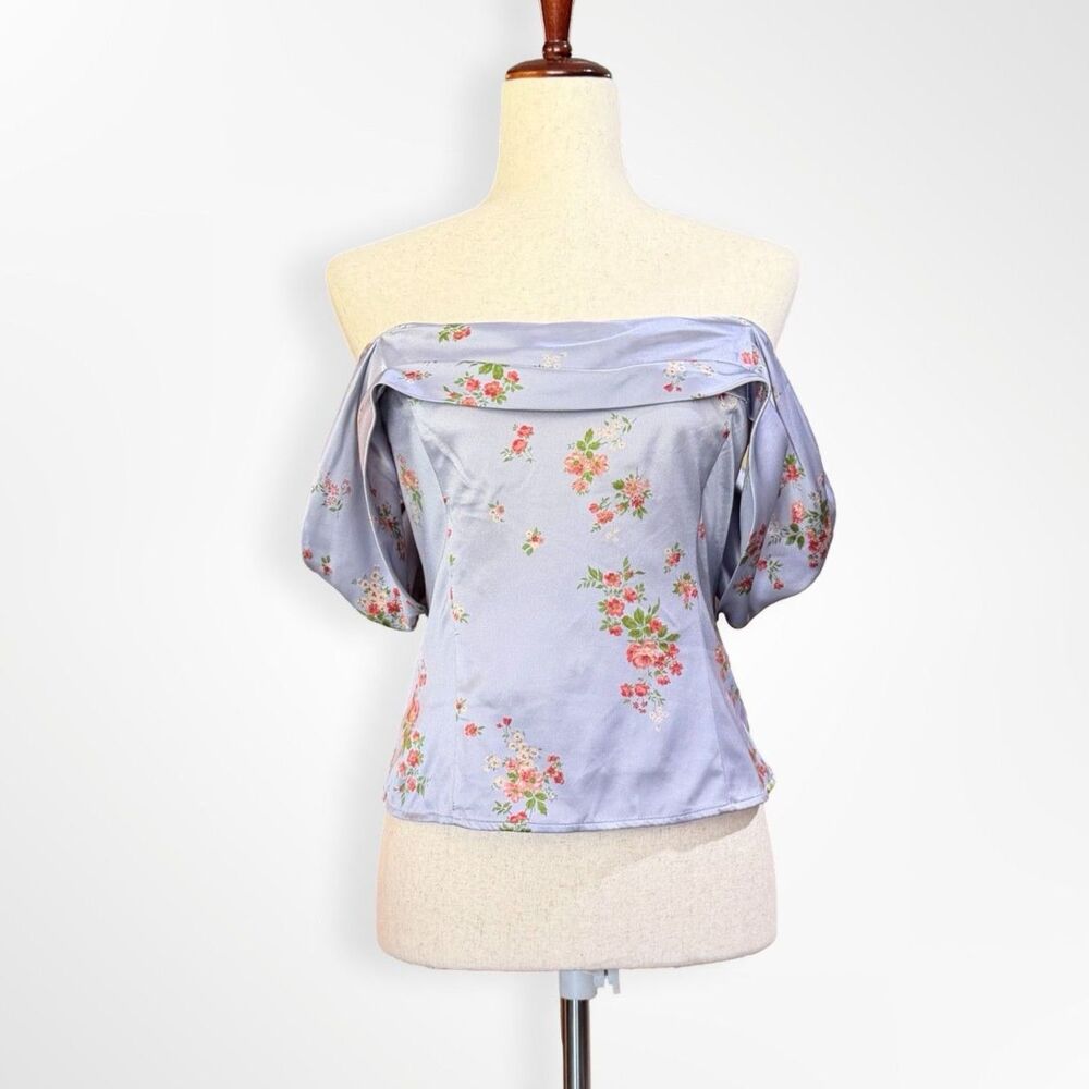 NWT Reformation Lux Silk Top in Melba,10 M,  Light Blue Floral Off the Shoulder